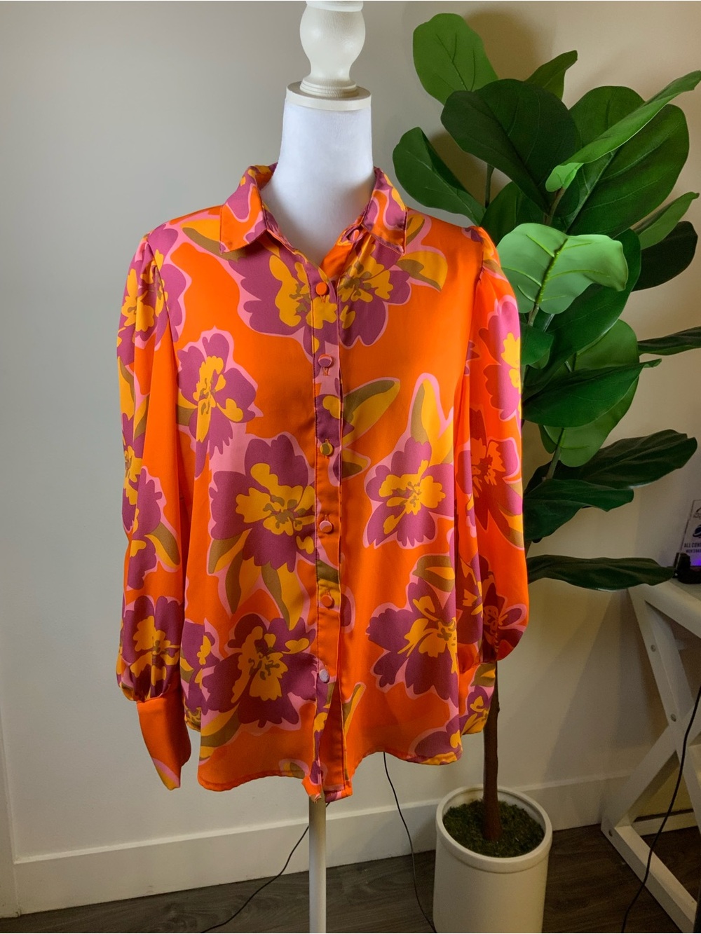 Floral Button-Front Blouse in Orange and Pink